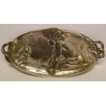 AN ART NOUVEAU WMF ELECTRO PLATED TRAY DESIGNED WITH A CHILD LOOKING AT A SNAIL