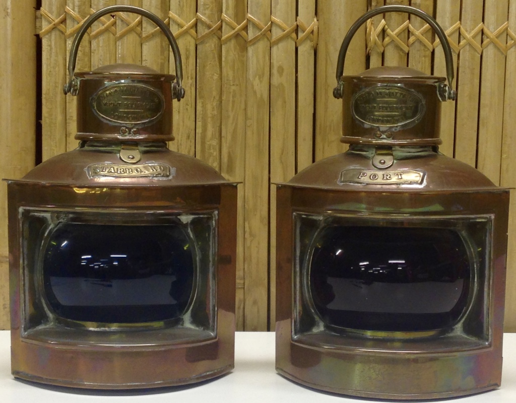 A PAIR OF COPPER PORT AND STARBOARD MARINE LIGHTS LABELLED "CAPT. M.