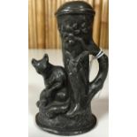 A PEWTER PEPPER POT IN THE FORM OF A FOX BENEATH A TREE, 9CM.