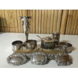 COLLECTION OF 10 SILVER ITEMS TO INCLUDE TRUMPET VASE, BRUSH, 3 SPIRIT LABELS, 3 SERVIETTE RINGS,