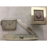 SILVER STAMP BOX, SILVER ENVELOPE STAMP HOLDER MARKED 925 AND A SILVER BLADED FOLDING M.O.P.