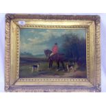 PAIR OF OILS ON BOARD, HUNTING SCENES , HUNTSMAN ON HORSE BACK WITH DOGS, BEARING SIGNATURE E.S.