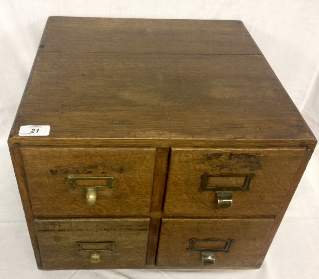 1940s OAK 4 DRAWER DESK TOP OFFICE FILING CHEST 30 X 40CM