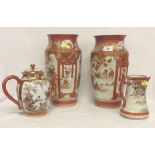 PAIR OF JAPANESE KUTANI VASES 32 CM ALONG WITH SIMILAR TEAPOT AND A/F JUG