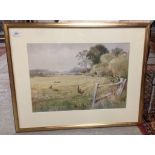 WATERCOLOUR, PHEASANT ON THE STUBBLE, BEARING SIGNATURE ROLAND GREEN, 35.