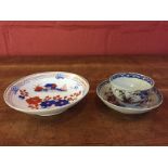 C18TH PENNINGTON LIVERPOOL PAGODA PATTERN TEABOWL AND SAUCER AND A LARGER POLYCHROME SHALLOW BOWL