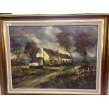 OIL ON CANVAS COTTAGE IN WOODED LANE, BEARING SIGNATURE EMILY ......