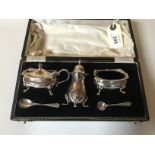 A SILVER THREE PIECE CONDIMENT SET IN CASE, MAPPIN AND WEBB, BIRMINGHAM 1956,