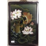 C20TH REVERSE PAINTING 'JAPANESE KOI' IN LACQUERED ORIENTAL FRAME 30 X 47CM.