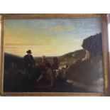 A 19TH CENTURY OIL ON CANVAS 'RURAL SCENE WITH GUNS AT REST AND BOY FISHING' RE-LINED,