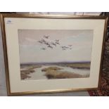 WATERCOLOUR, MALLARD OVER THE MARSHES , BEARING SIGNATURE ROLAND GREEN, 35.