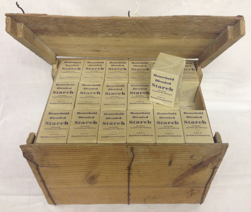 CASE OF 72 VINTAGE COLMANS STARCH IN ORIGINAL WOODEN PACKING CASE.