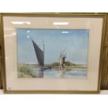 WATERCOLOUR ' SAILING WHERRY' BEARING SIGNATURE GRAHAM HOWLETT 37 X 52CM