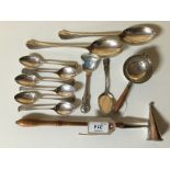 PAIR OF SILVER DESSERT SPOONS, SILVER TEA STRAINER, SUGAR SHOVEL, SET OF 6 SILVER TEASPOONS,