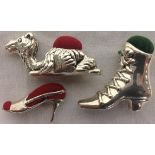 THREE MINIATURE SILVER PIN CUSHIONS MARKED 925 - BOOT, SHOE,