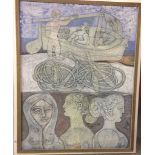 CONTEMPORARY MIXED MEDIA MODERN ART PICTURE 'FIGURES AND A BOAT' BEARING INITIALS L.A.E. 2.