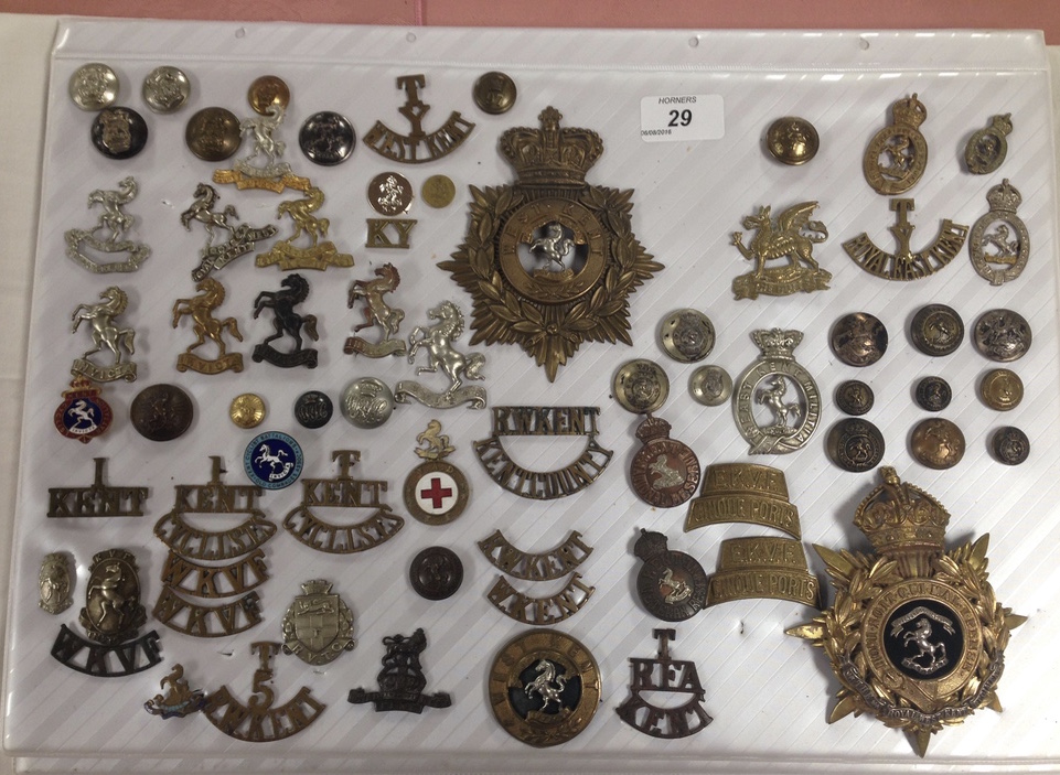 COLLECTION OF KENT RELATED MILITARY BADGES INCLUDING VICTORIAN WEST KENT HELMET PLATE AND THE ROYAL
