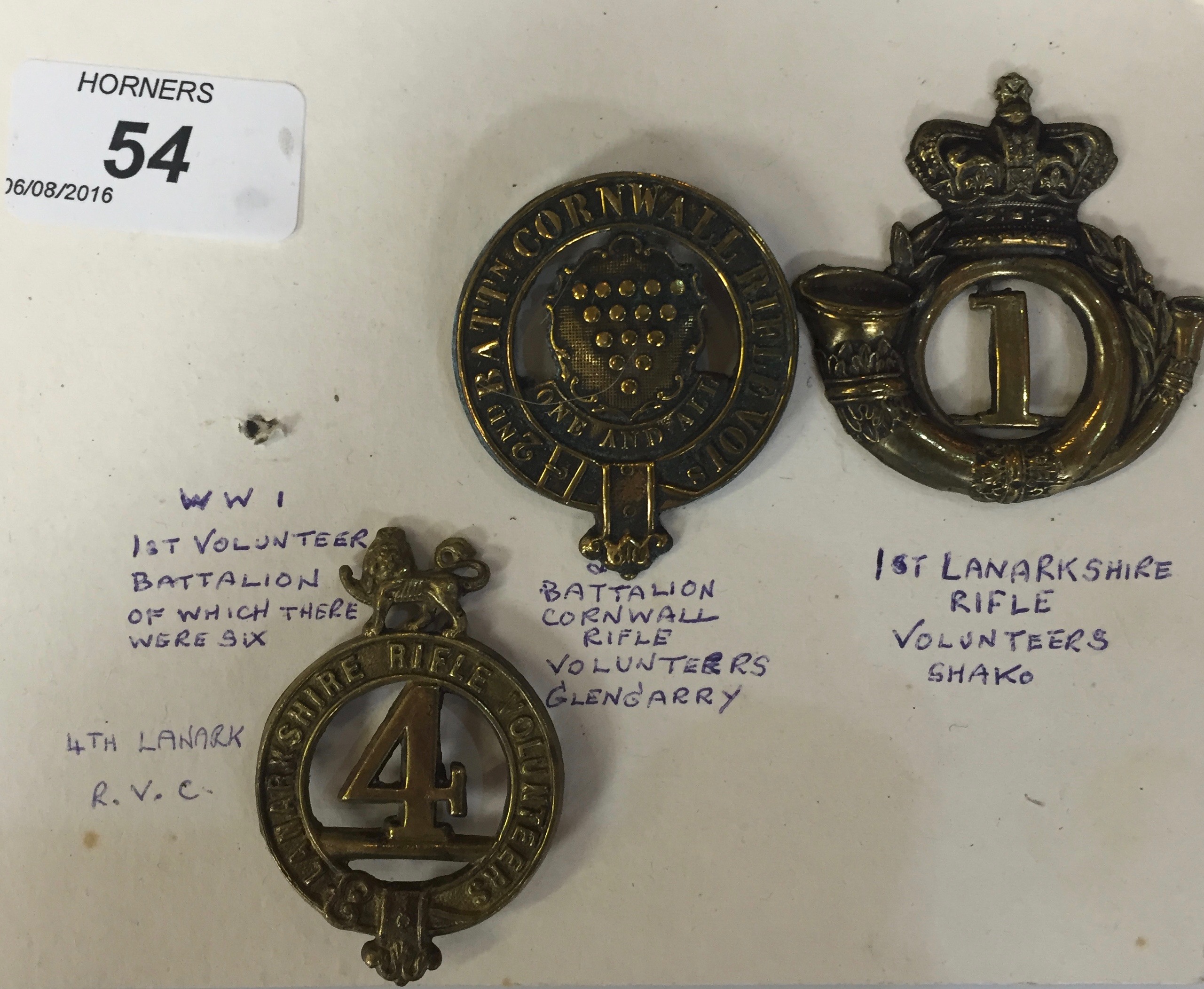 THREE BADGES, 2ND BATTALION CORNWALL RIFLE VOLUNTEERS,