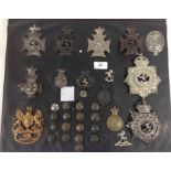 COLLECTION OF KENT RELATED BADGES HELMET PLATES AND BUTTONS INCLUDING ROYAL WEST KENT 3RD VOLUNTEER