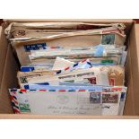 BOX OF 1945-55 COVERS AND CARDS, SWITZERLAND, IRAQ, INDIA, IRAN, ETHIOPIA, COMMONWEALTH, USA ETC.