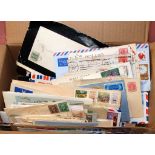 BOX OF COVERS, CARDS, FDC, STATIONERY ETC, ALL REIGNS, SAMOA, INDIA, CYPRUS, MALTA, IRELAND ETC.