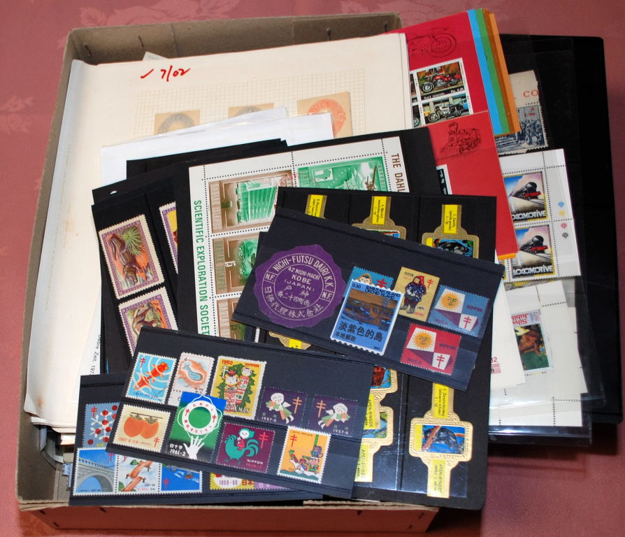 BOX WITH AN ECLECTIC MIX BACK OF BOOK, REVENUES, CUT OUTS, LOCALS, CINDERELLAS, LABELS ETC.