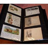 ALBUM WITH A COLLECTION EARLY POSTCARDS, FEW COURT/INTERMEDIATE SIZE, TUCKS KINGS AND QUEENS,