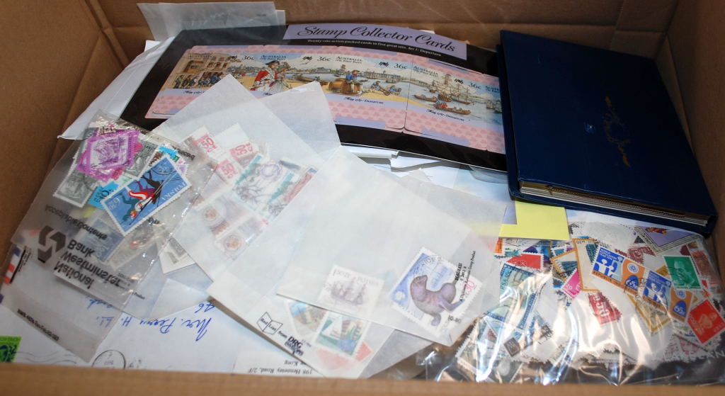 BOX OF ALL WORLD LOOSE, IN PACKETS, COVERS ETC.