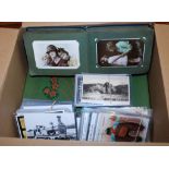 BOX OF MIXED POSTCARDS IN TWO ALBUMS AND LOOSE, CINEMA AND THEATRE STARS, PULLOUTS, RAILWAY,