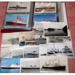 BOX OF MAINLY SHIPPING POSTCARDS IN ALBUMS AND LOOSE, LINERS, STEAMERS, PAQUEBOT POSTMARKS ETC.