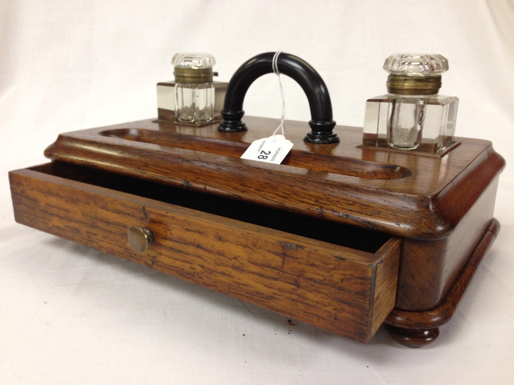ANTIQUE VICTORIAN DESK, INK WELL, PEN SET OAK CASED WITH BUN FEET, DRAWER TO FRONT, - Image 2 of 2