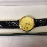 18CT GOLD LADY'S LONGINES WRIST WATCH ON A BLACK MOCK CROC. LEATHER STRAP.