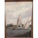 OIL ON CANVAS BROADLAND SAILING SCENE BEARING SIGNATURE P.