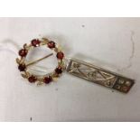 9CT GOLD BROOCH SET WITH GARNETS AND A SILVER BROOCH