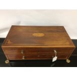 GEORGIAN MAHOGANY WORK BOX WITH HINGED LIDDED SECTION AND DIVIDED DRAWER BELOW GRAINED MAHOGANY