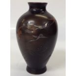 JAPANESE BRONZE VASE WITH APPLIED YELLOW AND WHITE METAL STORKS,