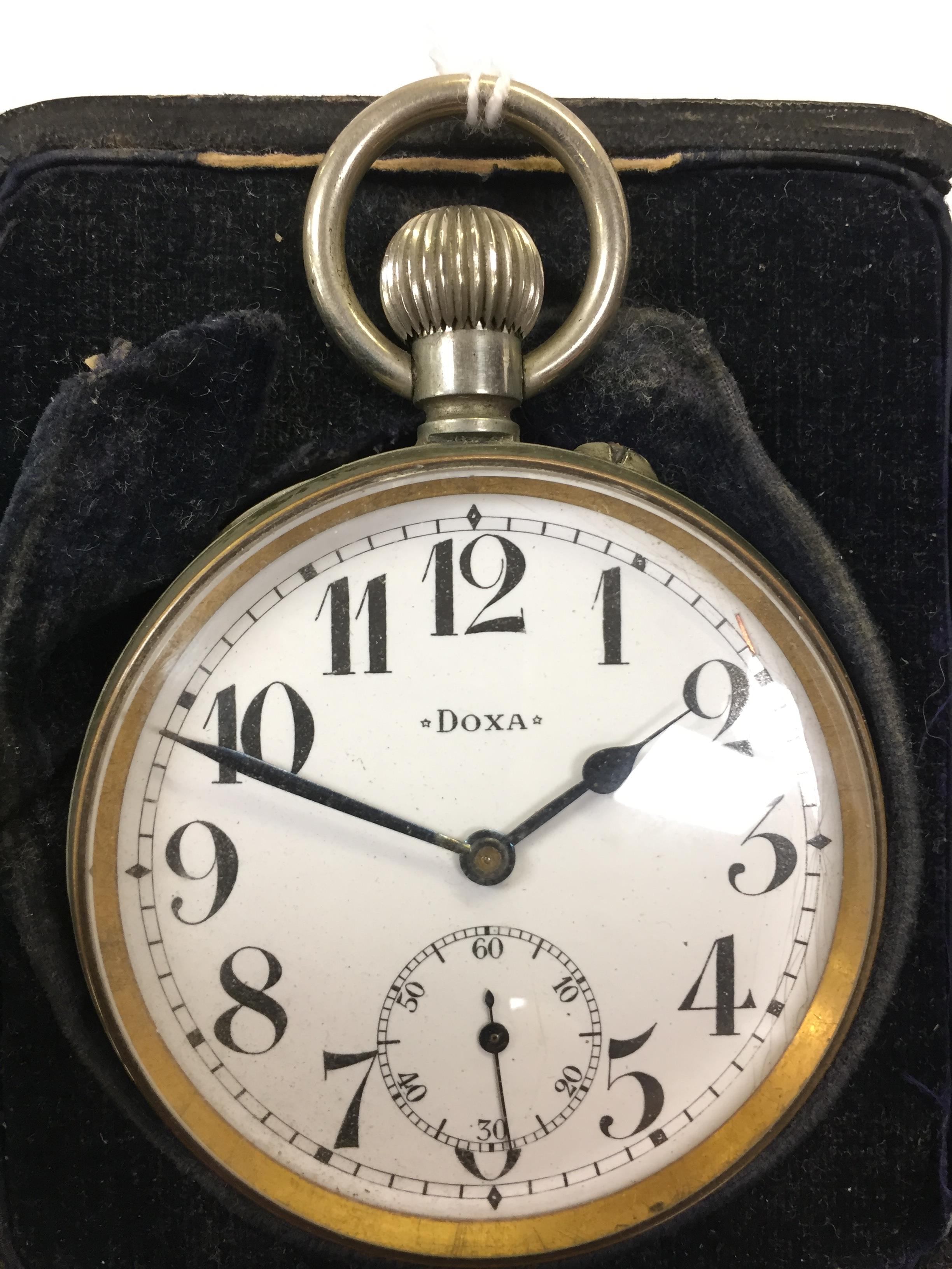 NICKEL CASED OVERSIZED POCKET WATCH BY DOXA IN A SILVER FRONTED NIGHT CASE STAND - Image 2 of 3