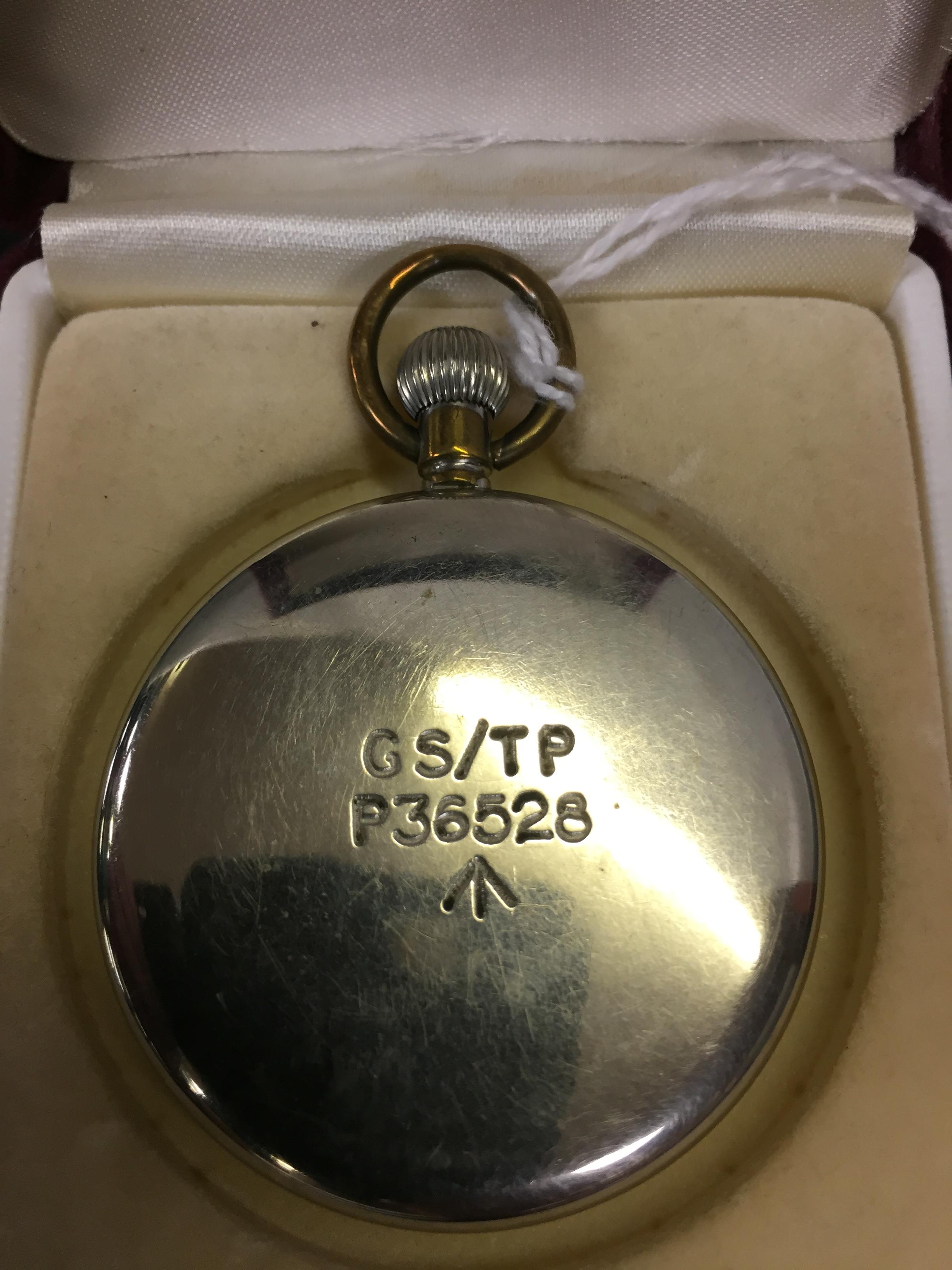 NICKEL CASED ARMY ISSUE POCKET WATCH WITH 15 JEWEL SWISS MOVEMENT, - Image 3 of 3