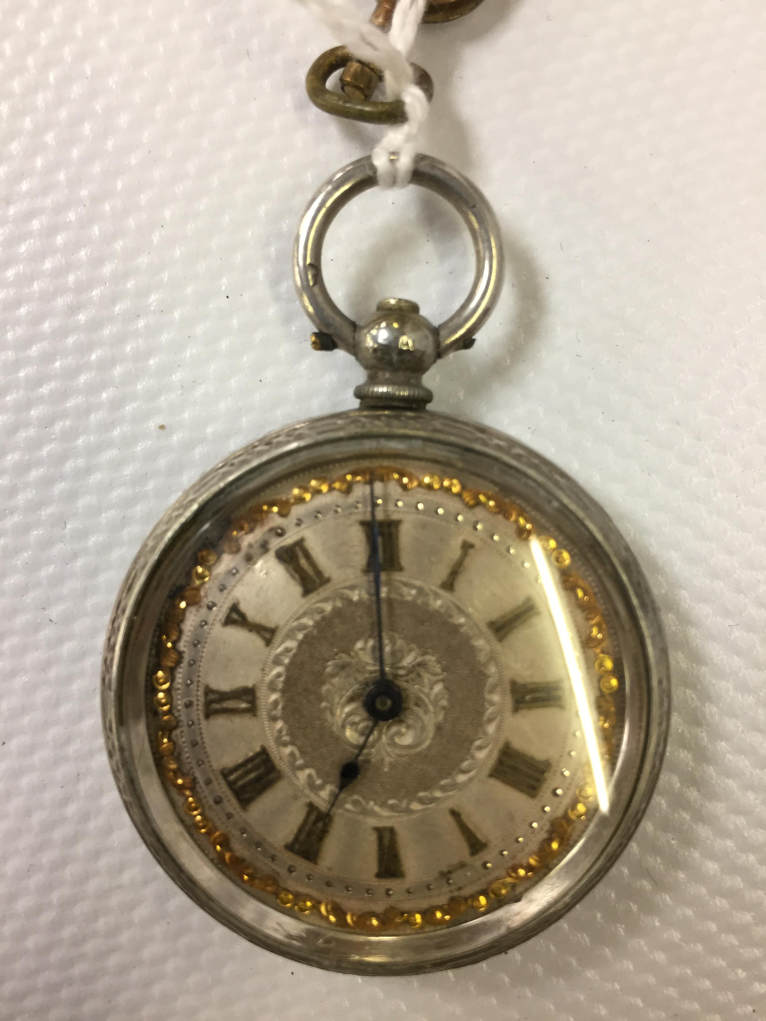 SILVER CASED POCKET/FOB WATCH HALLMARKED LONDON 1882 ORNATE ENGRAVED CASE WITH SILVERED DIAL, - Image 2 of 3