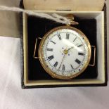 14CT GOLD FOB WATCH (CONVERTS TO WRIST WATCH) WHITE ENAMEL DIAL WITH FLORAL DECORATION AND ROMAN
