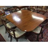 REGENCY MAHOGANY PEDESTAL DINING TABLE WITH EXTENSION LEAF WITH A SET OF SIX REGENCY BAR BACK