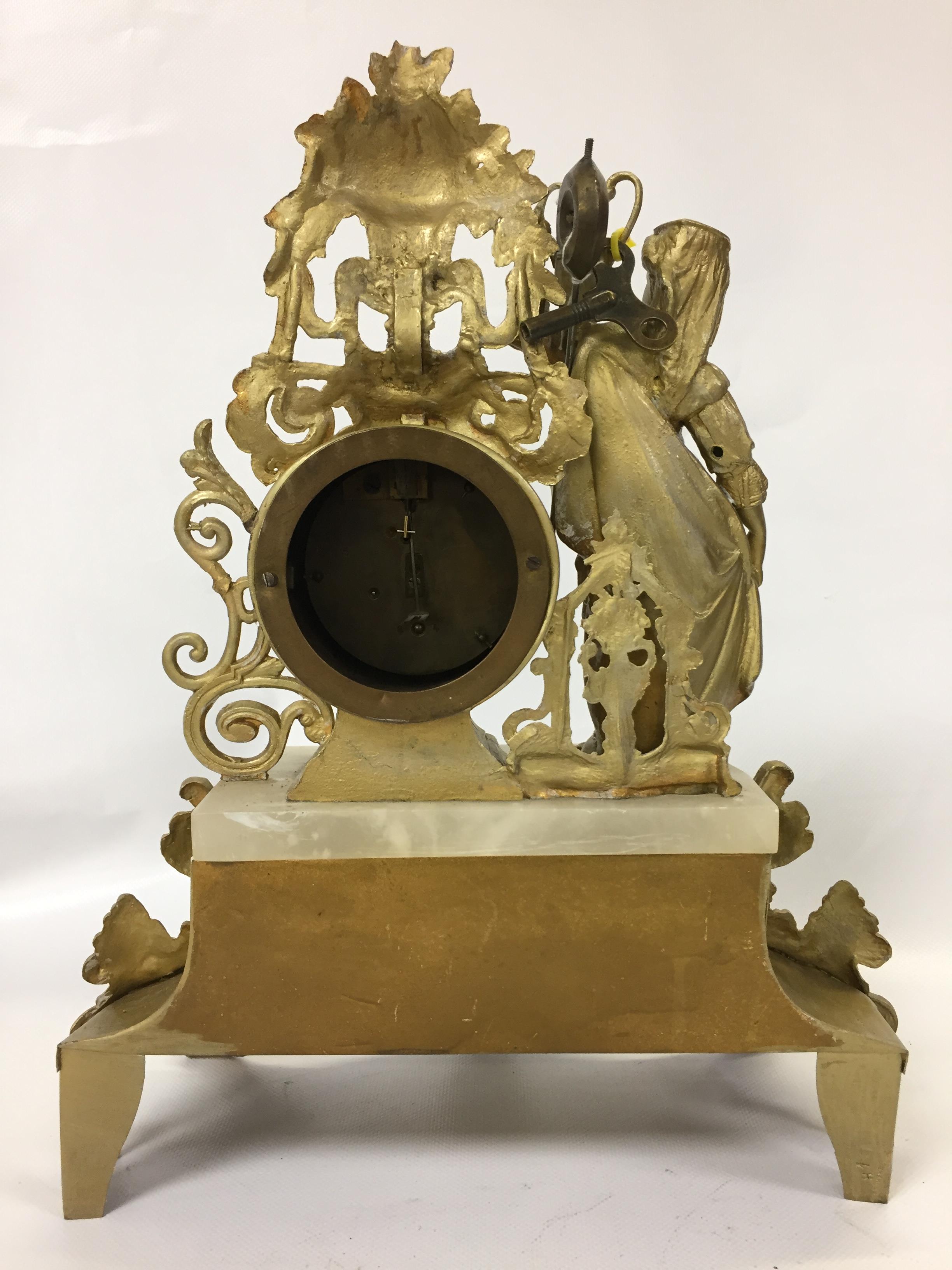 FRENCH CAST CLOCK DECORATED WITH FEMALE WATER CARRIER AND VASE OF FLOWERS, - Image 3 of 3