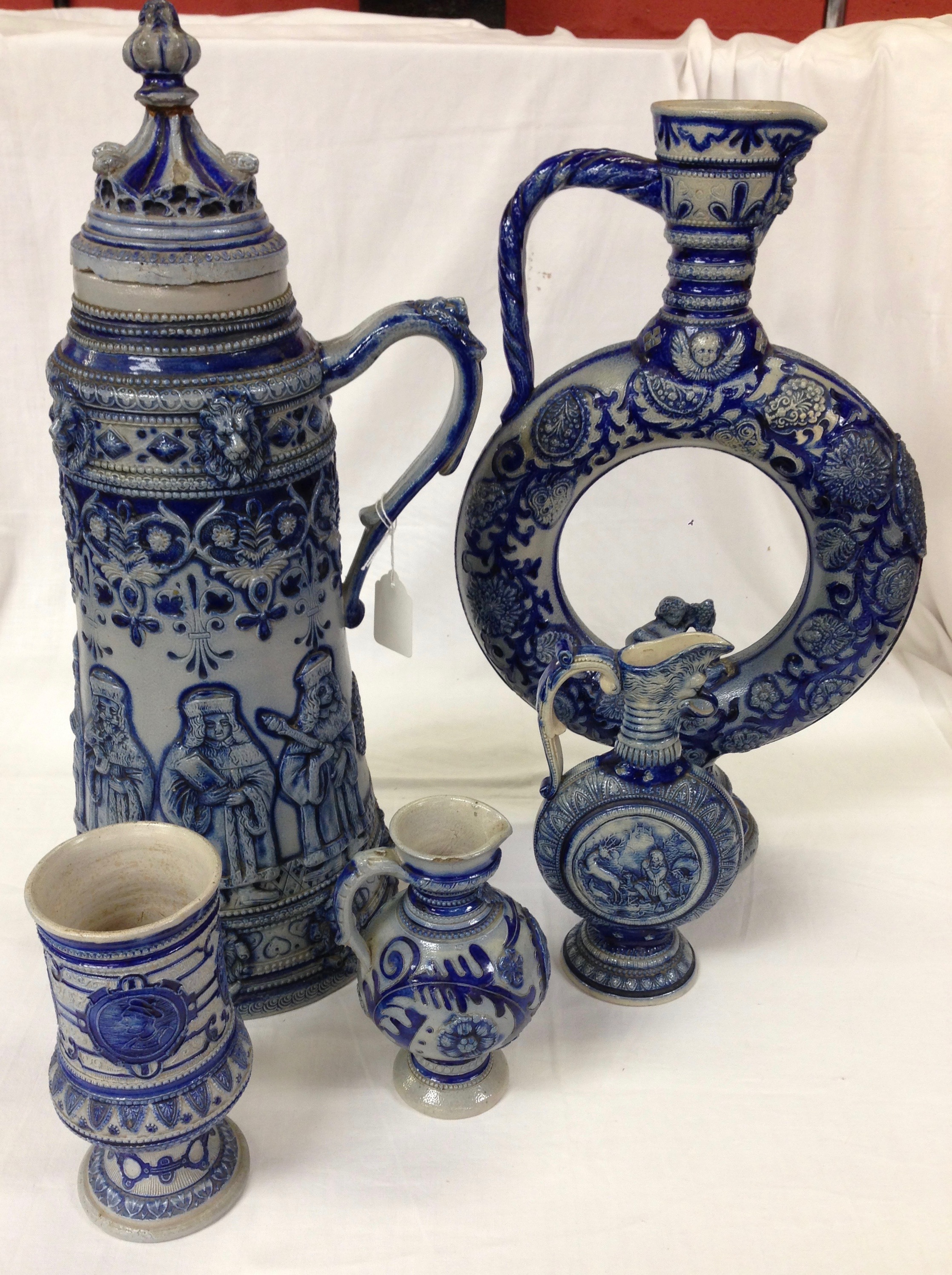 FIVE PIECES OF 19TH CENTURY GERMAN STONEWARE, A LARGE LIDDED FLAGON, 50 CM,