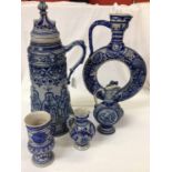 FIVE PIECES OF 19TH CENTURY GERMAN STONEWARE, A LARGE LIDDED FLAGON, 50 CM,