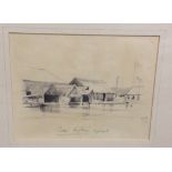 PENCIL DRAWING OF BROADLAND BOAT HOUSE AT POTTER HEIGHAM BEARING INITIALS W.B.