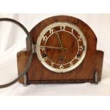 WALNUT CASED DECO STYLE CHIMING MANTEL CLOCK PIERCED CHAPTER RING WITH ARABIC NUMERALS KEY AND