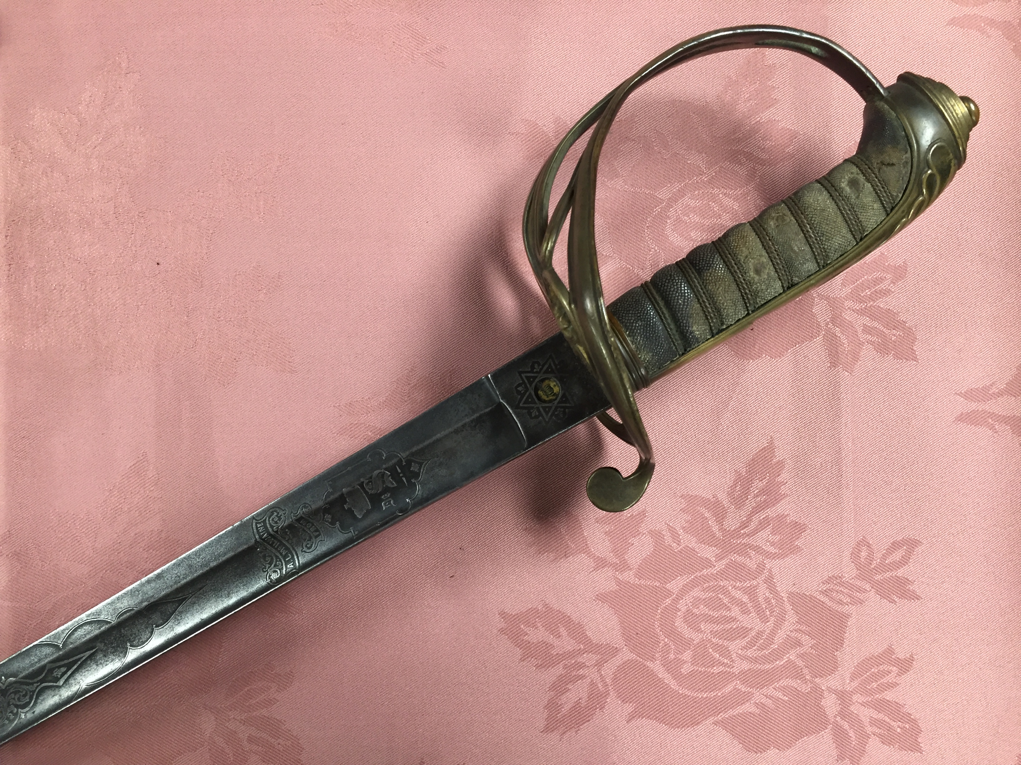 VICTORIAN BRASS HILTED MONOGRAM BLADE OFFICERS SWORD