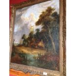 OIL ON CANVAS RURAL VILLAGE BROADLAND SCENE BEARING LABEL TO FRONT, MARKED JOSEPH PAUL, 1804 - 1884,