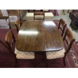 REGENCY MAHOGANY SINGLE PEDESTAL TILT TOP DINING TABLE (SCREWS MISSING) TOGETHER WITH FIVE MAHOGANY