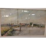 WATERCOLOUR OF BROADLAND SCENE BELIEVED REEDHAM RAILWAY BRIDGE CROSSING 44 X 26 CM UNSIGNED AF